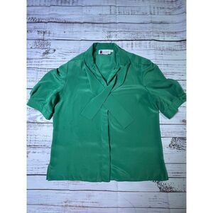 Vintage 80's Prophecy Green Polyester Mock Neck Button Front Minimalist‎